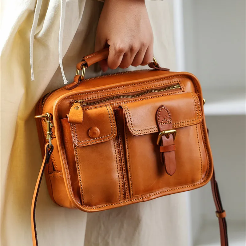 Fashion vintage natural genuine leather ladies small multi-pocket handbag organizer designer luxury real cowhide shoulder bag