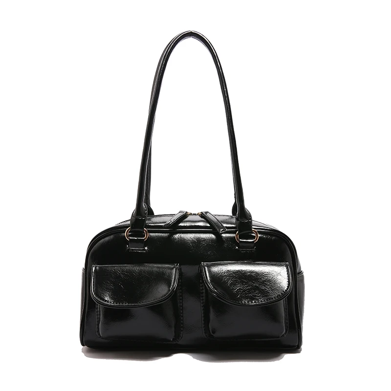 Vintage Women Business Shoulder Bags Simple Ladies Commute Tote Bag Pu Leather 2 Pocket Chic Female Underarm Hand Bag Handbags